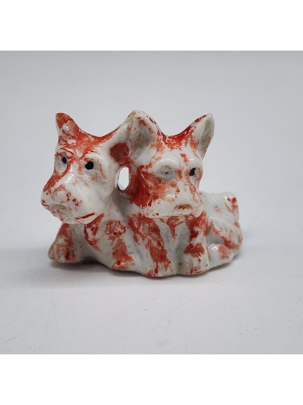 Vintage Twin Scotty Terrier Dog Figures Ceramic Red & White 1.5" Tall Japan